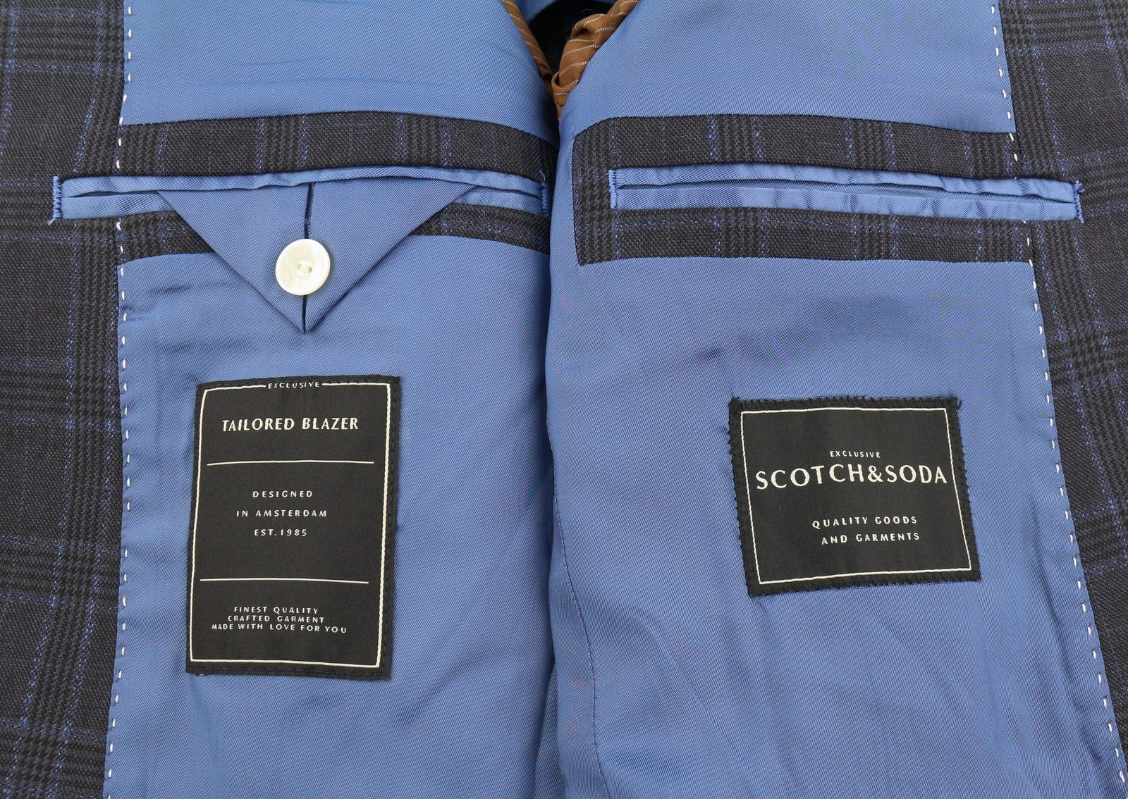 SCOTCH & SODA Men Blazer M Navy Blue Check Wool Blend Peak Lapel Single-Breasted