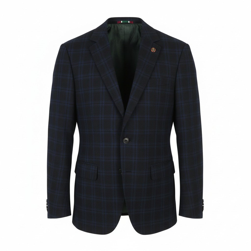 SCOTCH & SODA Men Blazer M Navy Check Notch Lapel Lined Single-Breasted