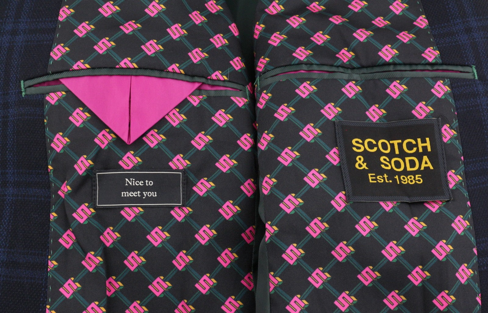 SCOTCH & SODA Men Blazer M Navy Check Notch Lapel Lined Single-Breasted