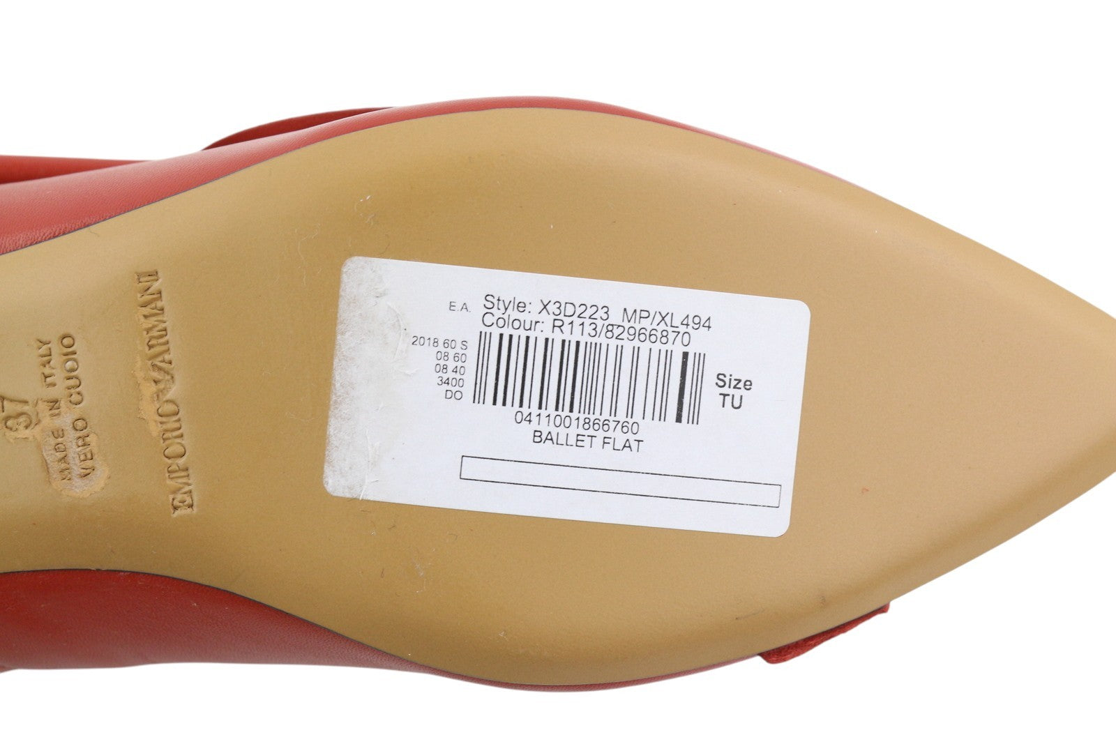 EMPORIO ARMANI X3D223 Women Flats EU37 Red Leather Pointed Slip Casual