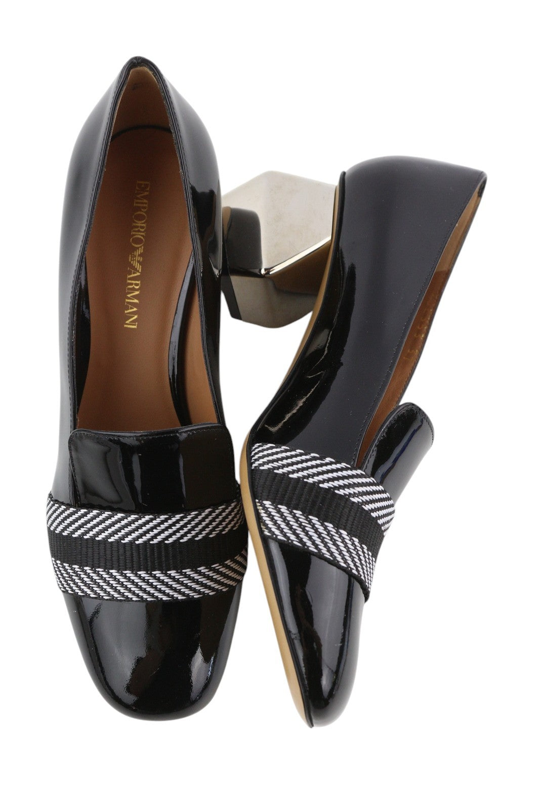 EMPORIO ARMANI Women Heels EU37 Black Patent Square Toe Pattern Detail