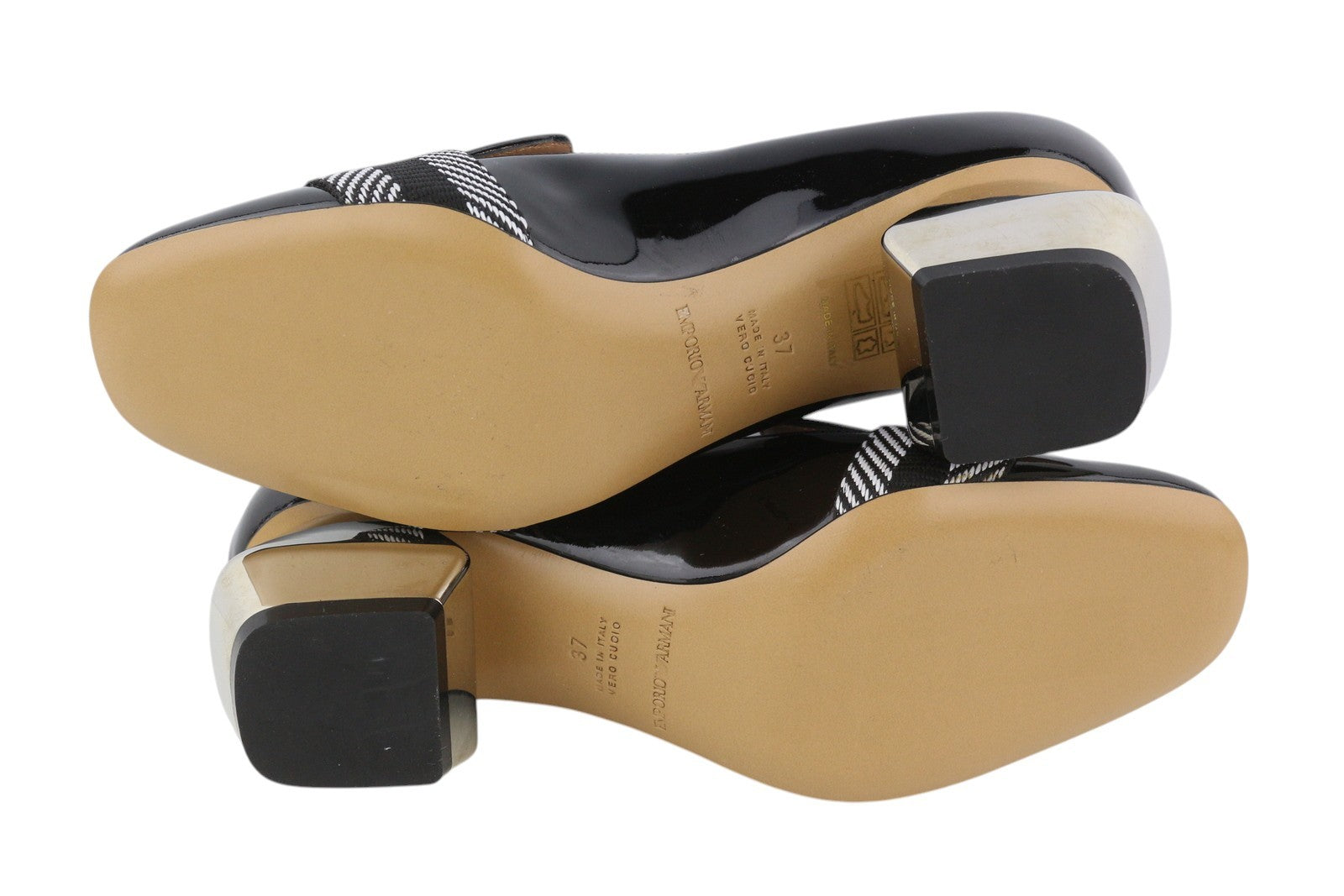 EMPORIO ARMANI Women Heels EU37 Black Patent Square Toe Pattern Detail