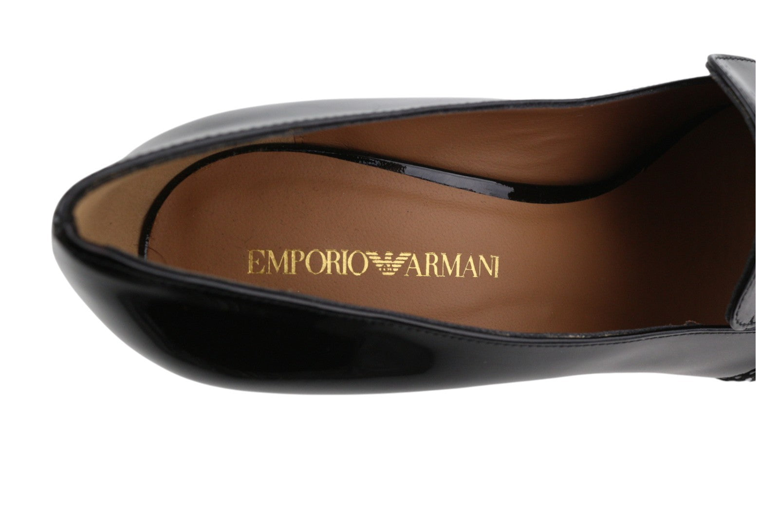EMPORIO ARMANI Women Heels EU37 Black Patent Square Toe Pattern Detail