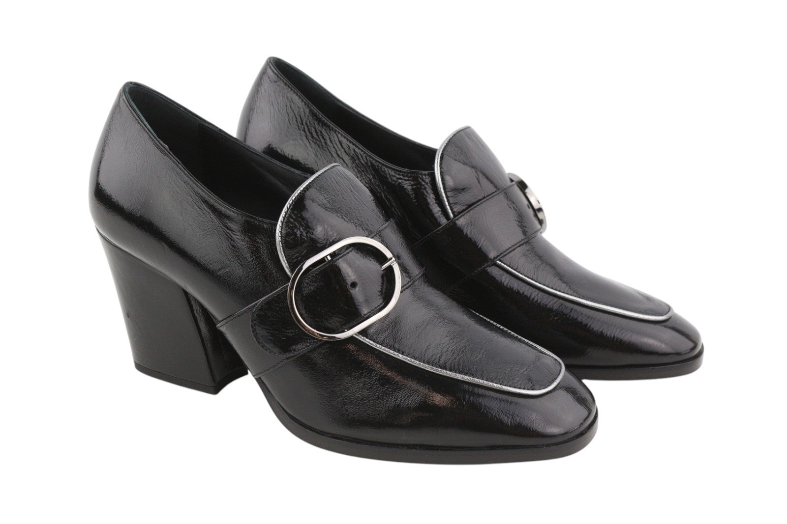 EMPORIO ARMANI Women Heels EU37 Black Patent Square Toe Buckle