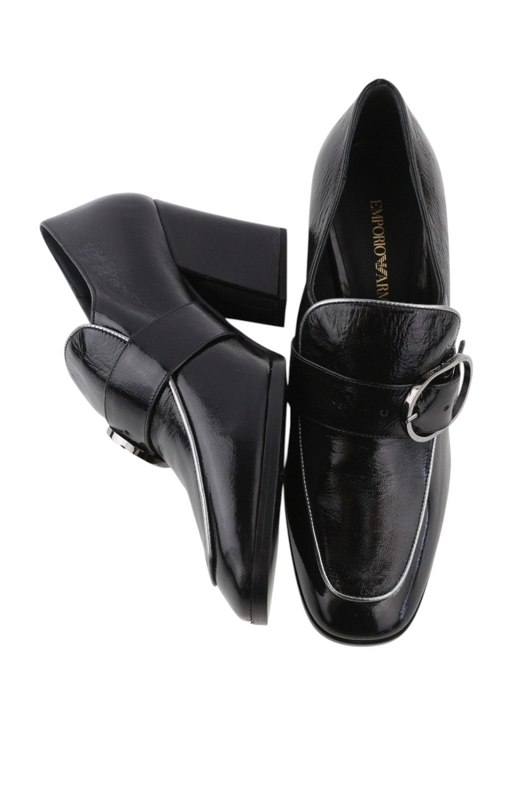 EMPORIO ARMANI Women Heels EU37 Black Patent Square Toe Buckle