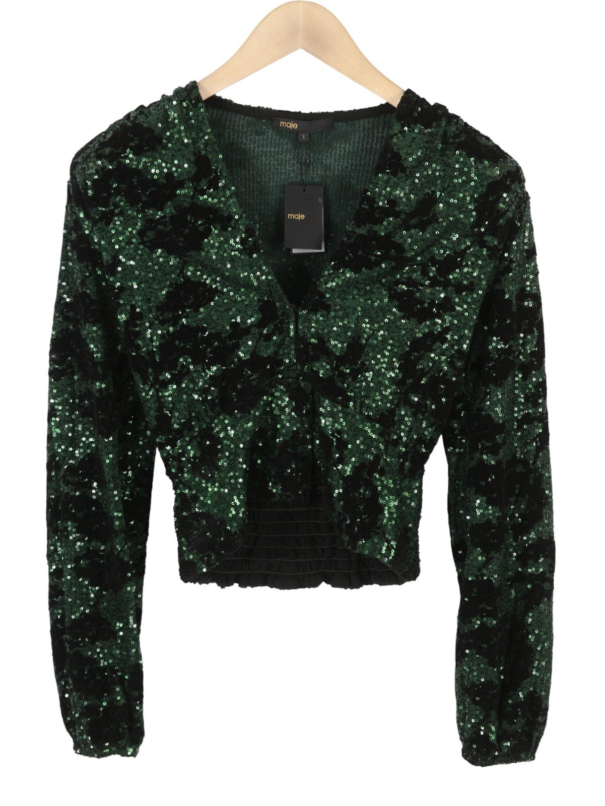 MAJE Liletie Women Blouse 1 S Green Fitted Shiny Sequined Balloon Sleeves RRP189