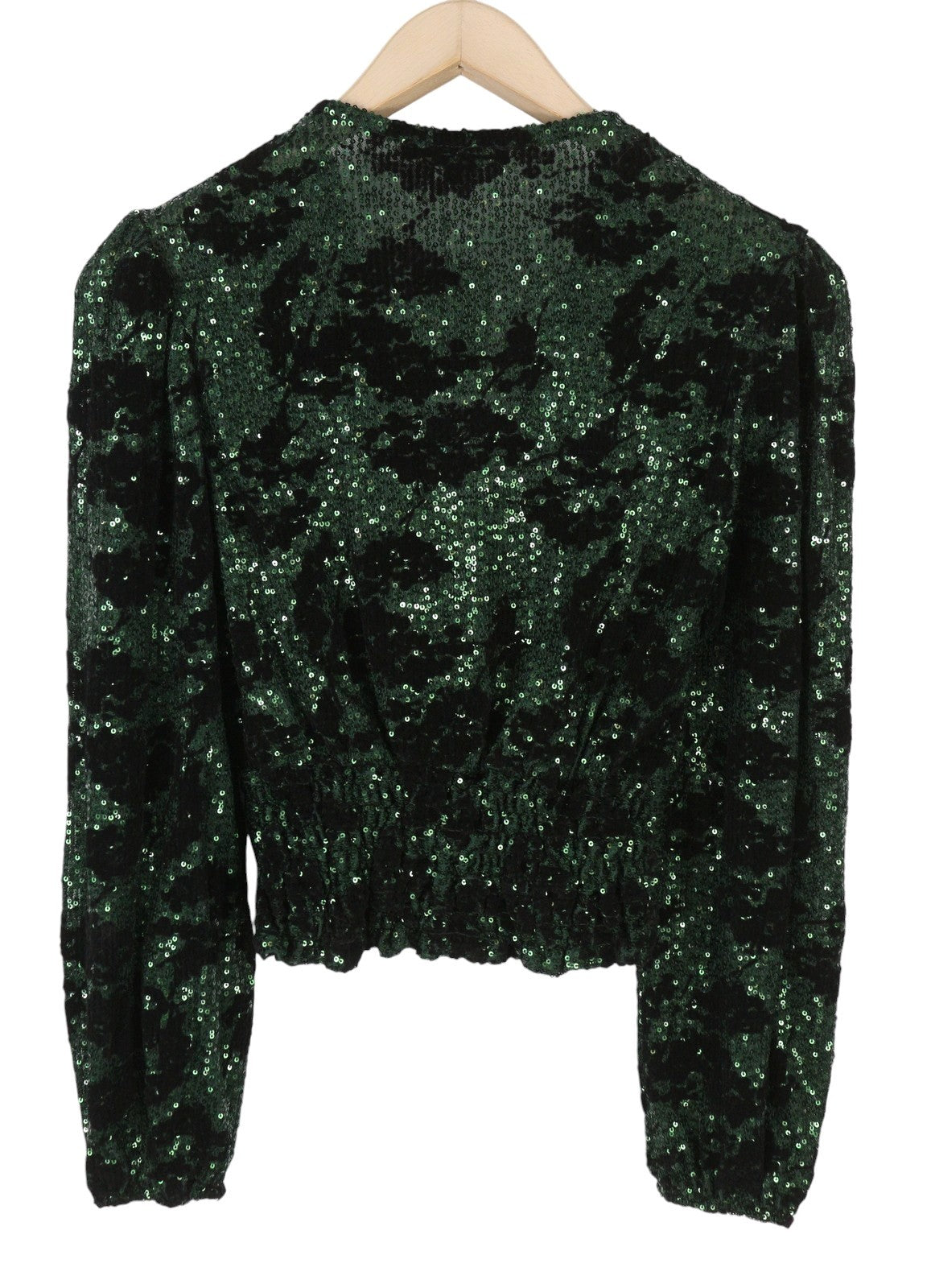 MAJE Liletie Women Blouse 1 S Green Fitted Shiny Sequined Balloon Sleeves RRP189