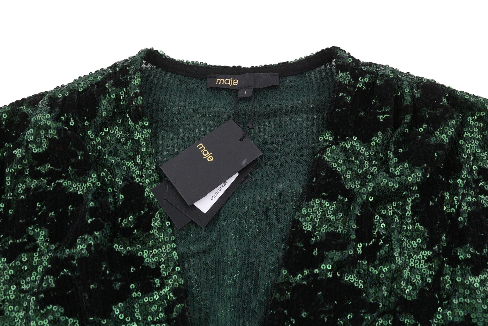 MAJE Liletie Women Blouse 1 S Green Fitted Shiny Sequined Balloon Sleeves RRP189