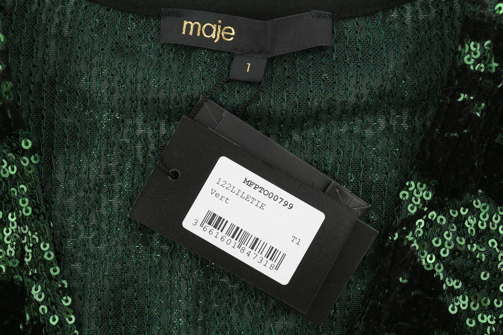 MAJE Liletie Women Blouse 1 S Green Fitted Shiny Sequined Balloon Sleeves RRP189