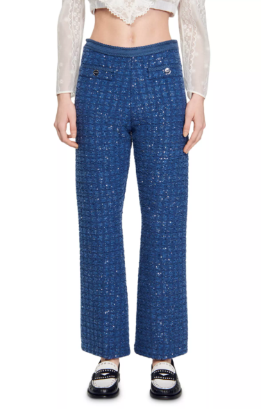 SANDRO Palmira Women Trousers 36 S Blue Tweed Metallic Shiny Straight Fit RRP225