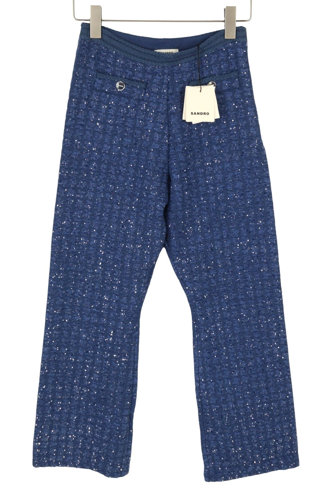 SANDRO Palmira Women Trousers 36 S Blue Tweed Metallic Shiny Straight Fit RRP225