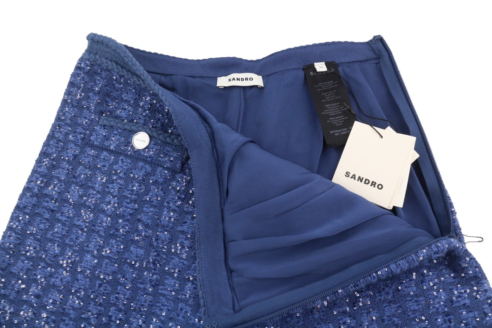 SANDRO Palmira Women Trousers 36 S Blue Tweed Metallic Shiny Straight Fit RRP225