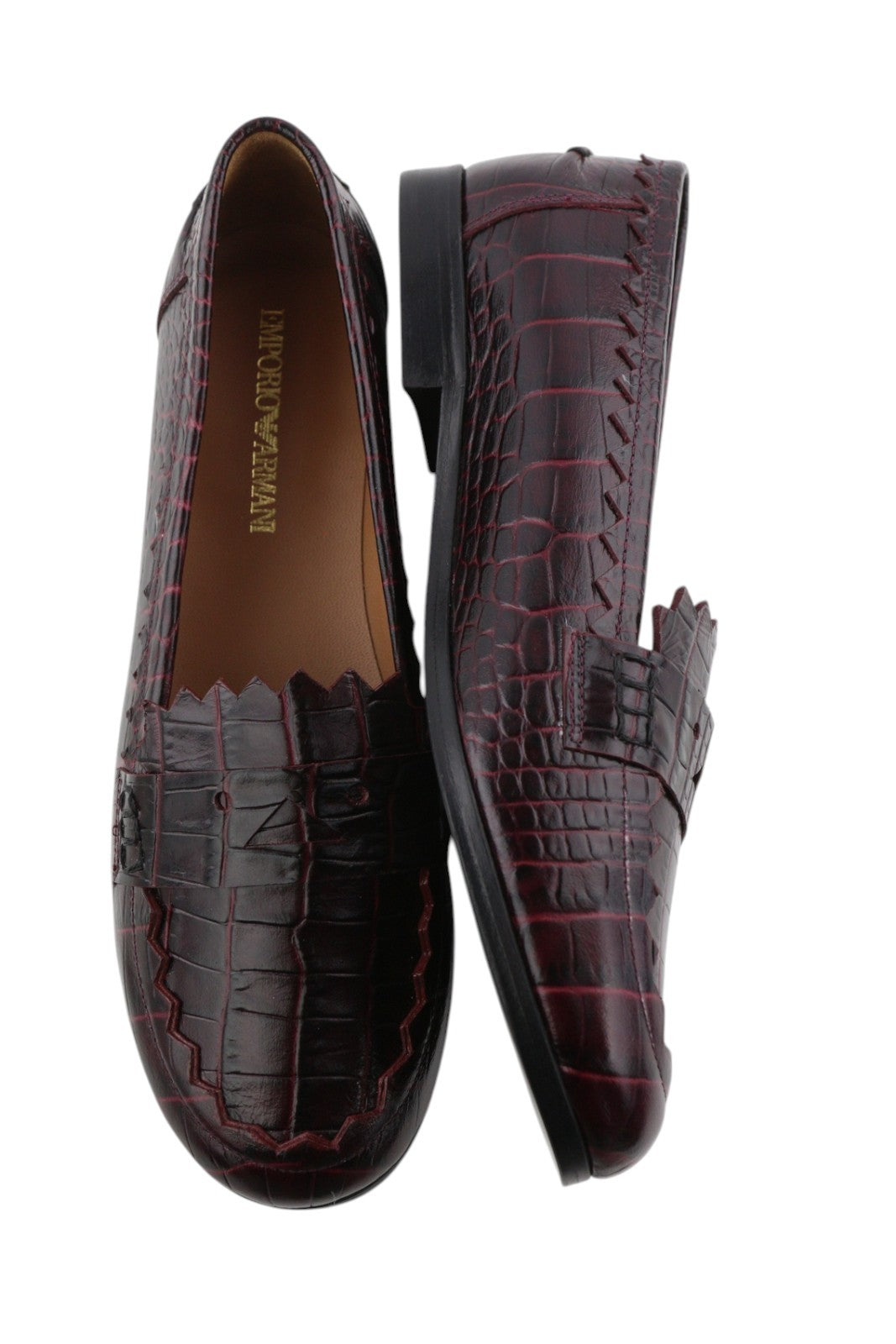 EMPORIO ARMANI Women Flats EU37 Burgundy Textured Leather Slip Loafers