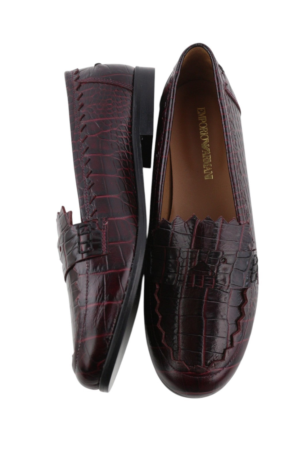 EMPORIO ARMANI Women Flats EU37 Burgundy Textured Leather Slip Loafers