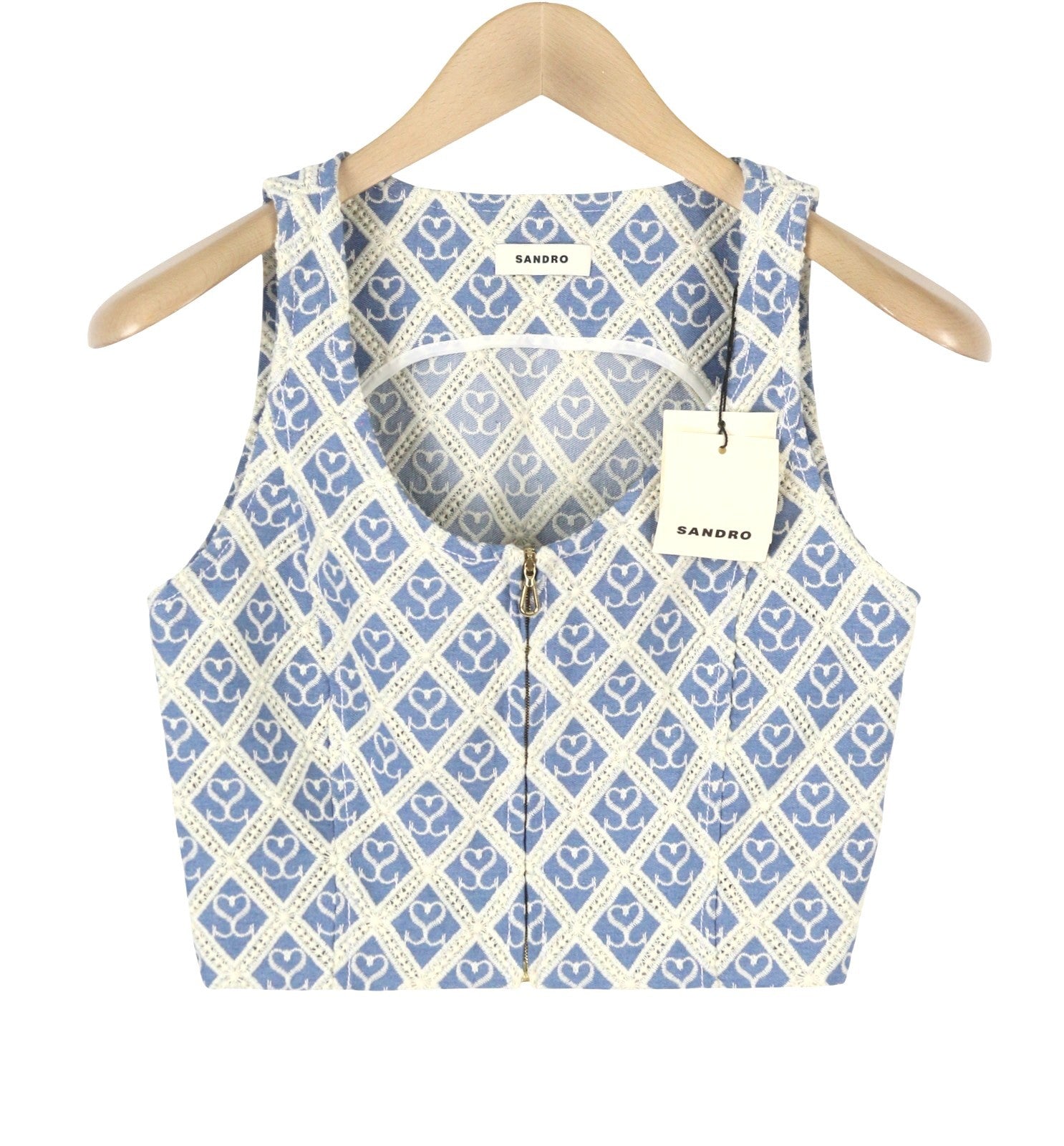 SANDRO Mafalda Women Set 36 S Blue Embroidered Guipure Cropped 2 Piece