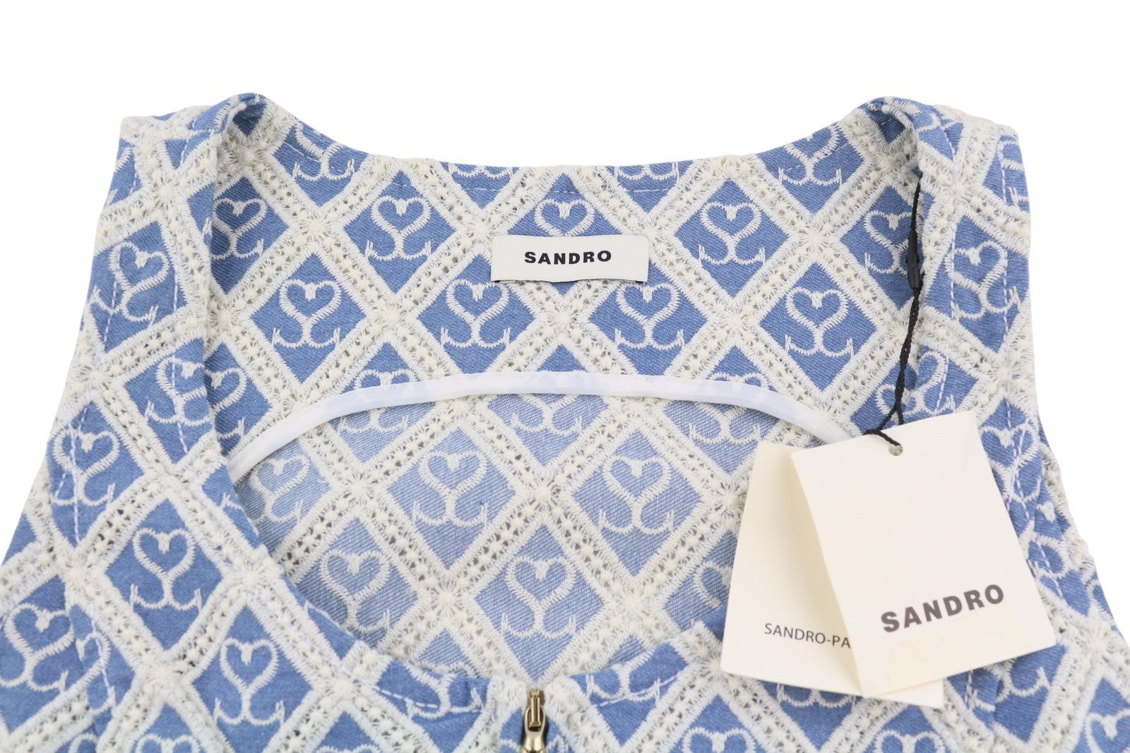 SANDRO Mafalda Women Set 36 S Blue Embroidered Guipure Cropped 2 Piece