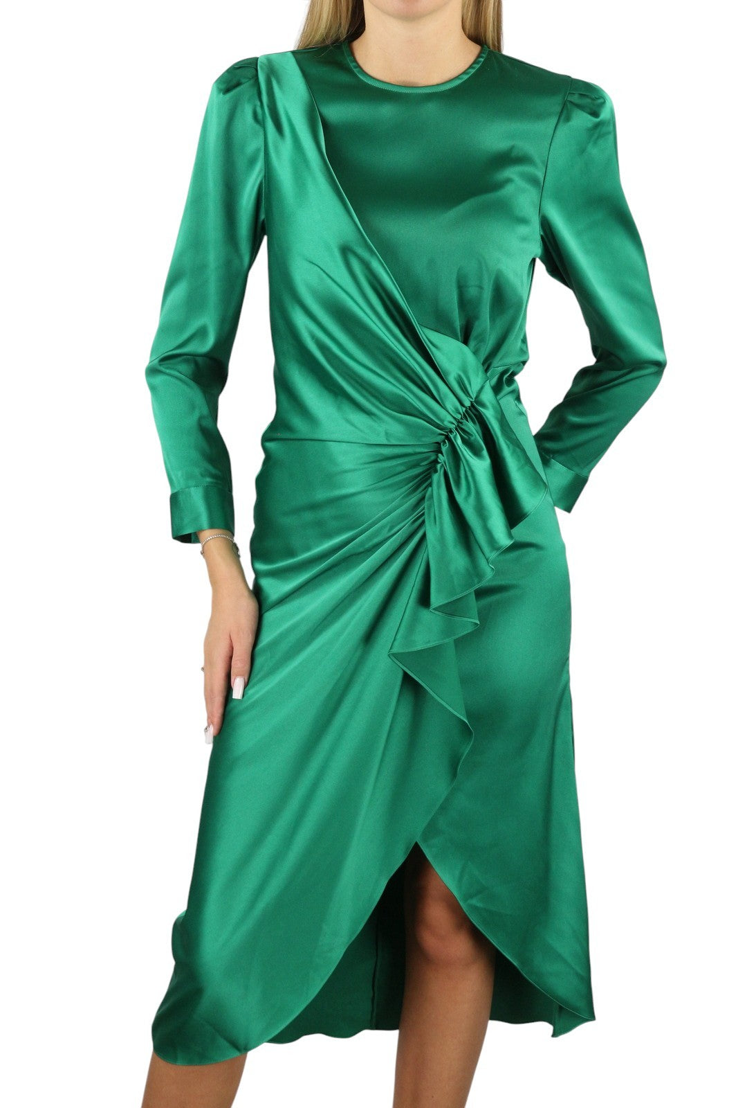 SANDRO Women Dress 36 S Green Ruffled Satin Effect Wrap Long Sleeve RRP415