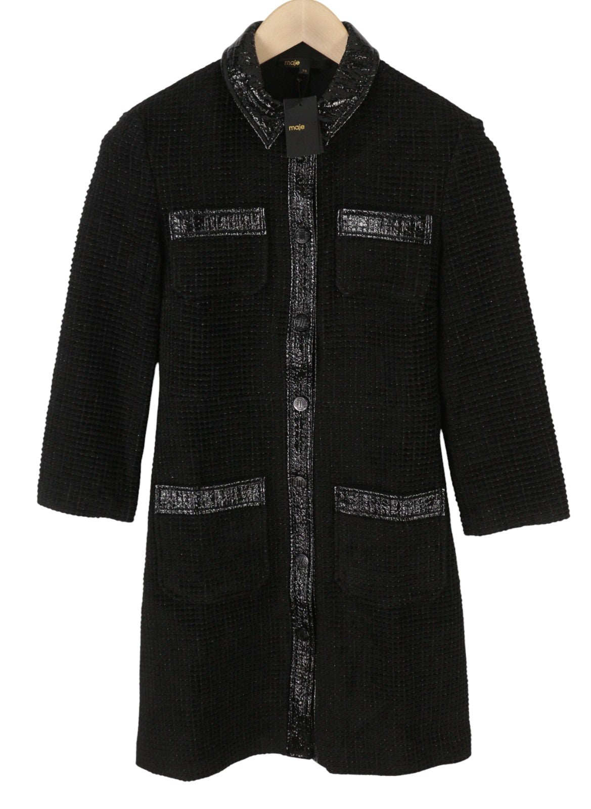 MAJE Rinili Women Dress 34 XS Black Contrast Trim Shiny 3/4 Sleeve RRP567