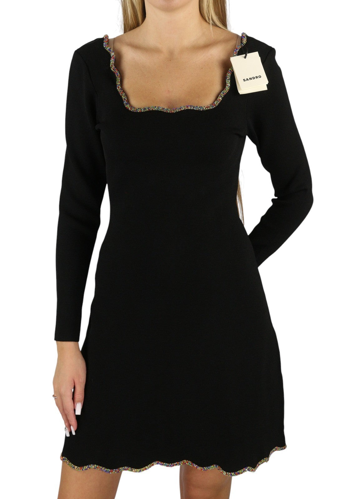 SANDRO Nourit Women Dress 38 M Black Square Neckline Rhinestones Hems RRP325