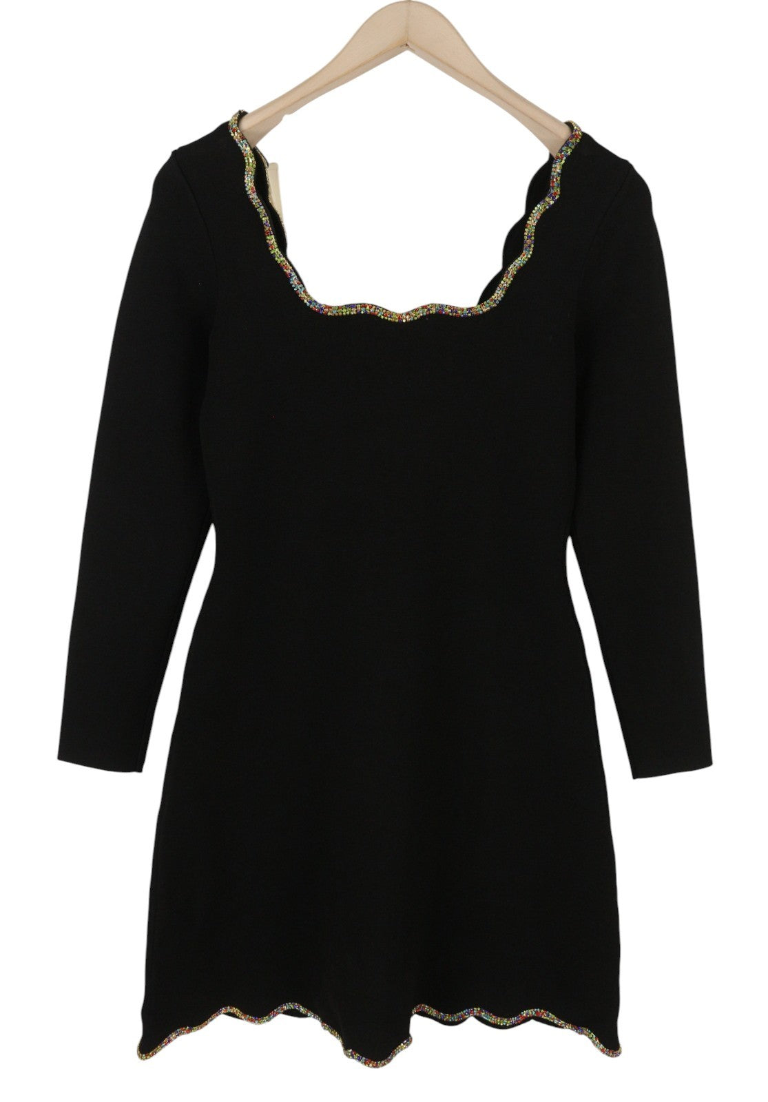 SANDRO Nourit Women Dress 38 M Black Square Neckline Rhinestones Hems RRP325