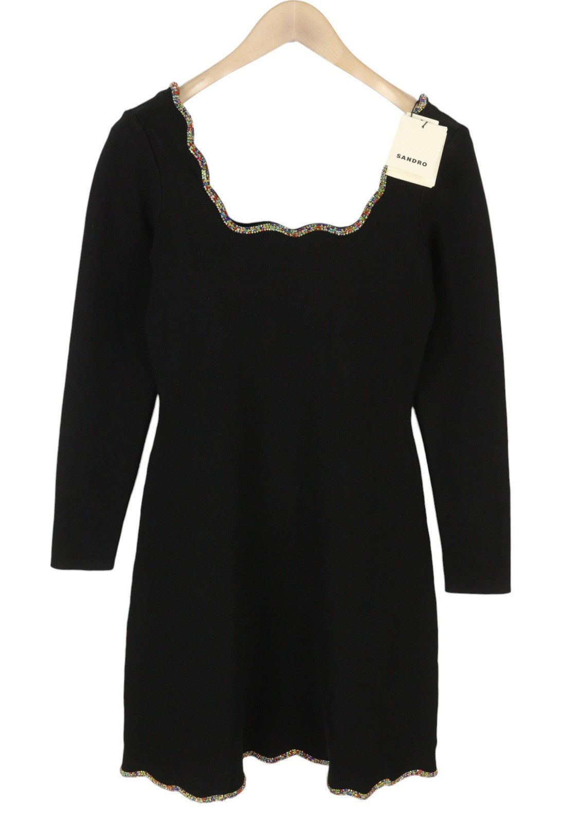 SANDRO Nourit Women Dress 38 M Black Square Neckline Rhinestones Hems RRP325