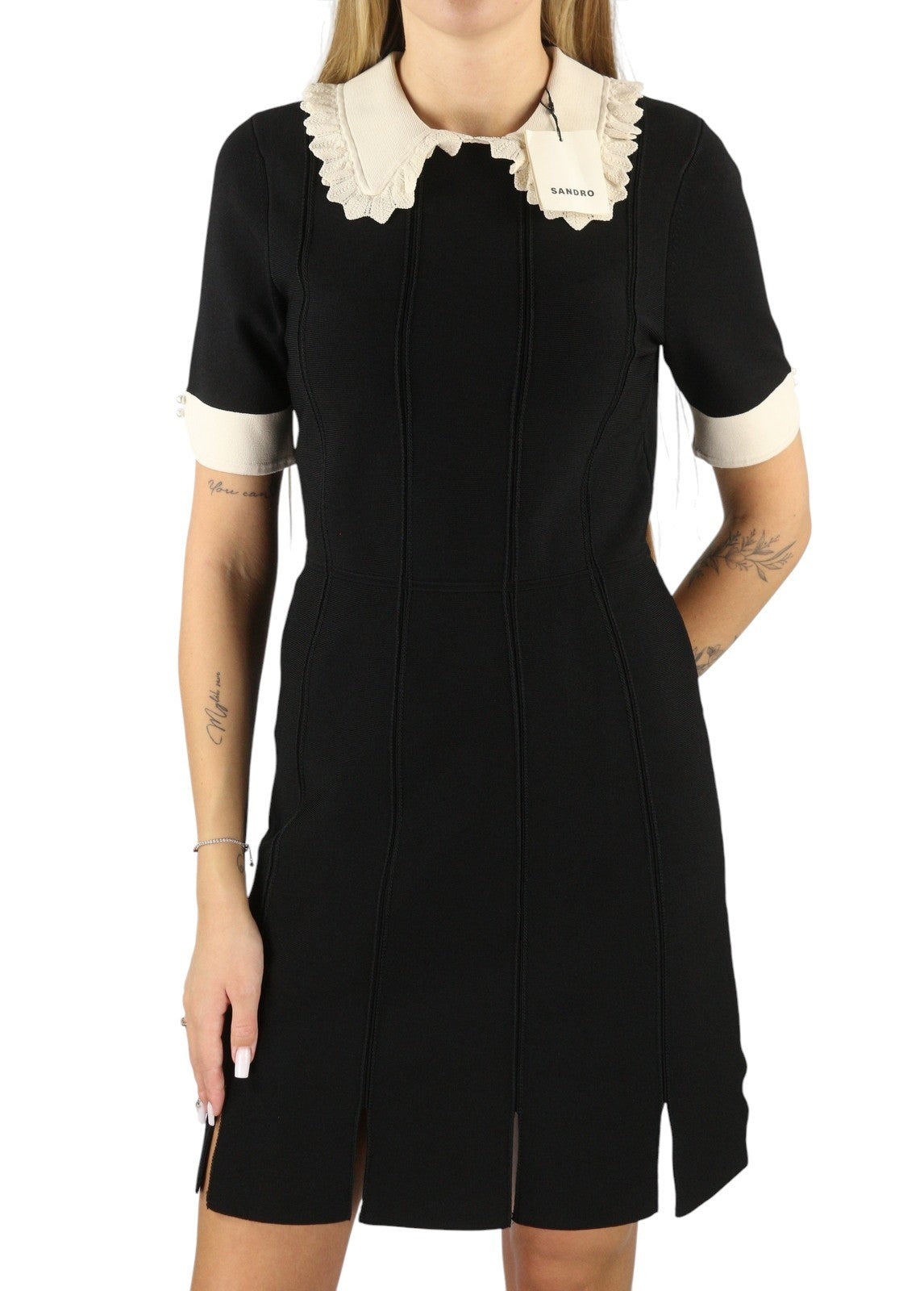 SANDRO Caline Women Dress 40 L Black Contrast Trim Flare Short Sleeve Min RRP690