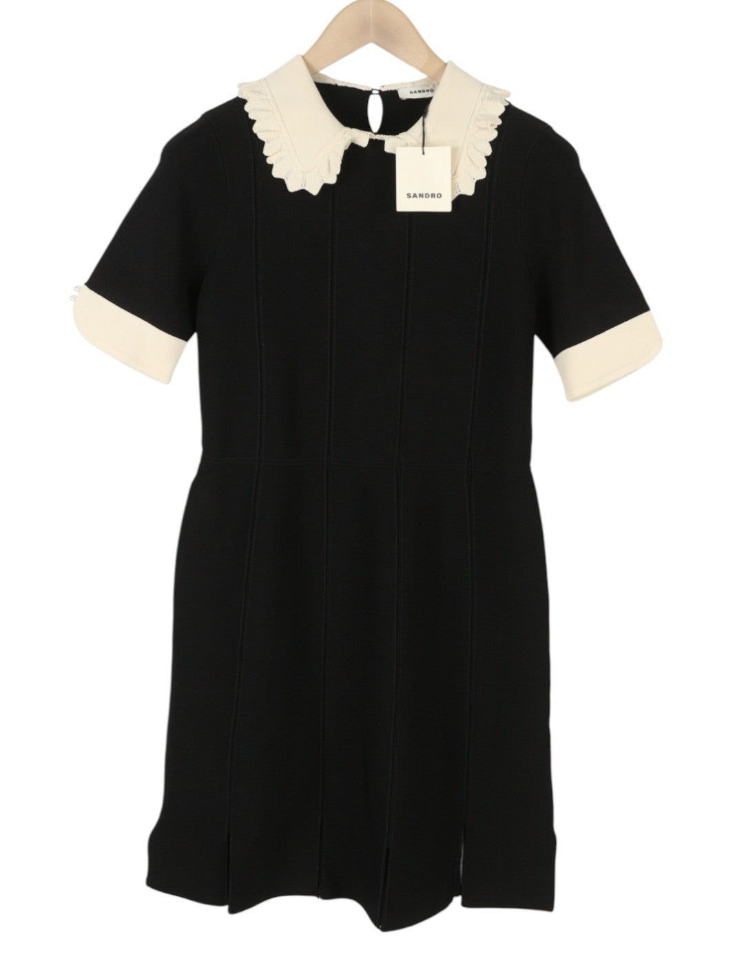 SANDRO Caline Women Dress 40 L Black Contrast Trim Flare Short Sleeve Min RRP690