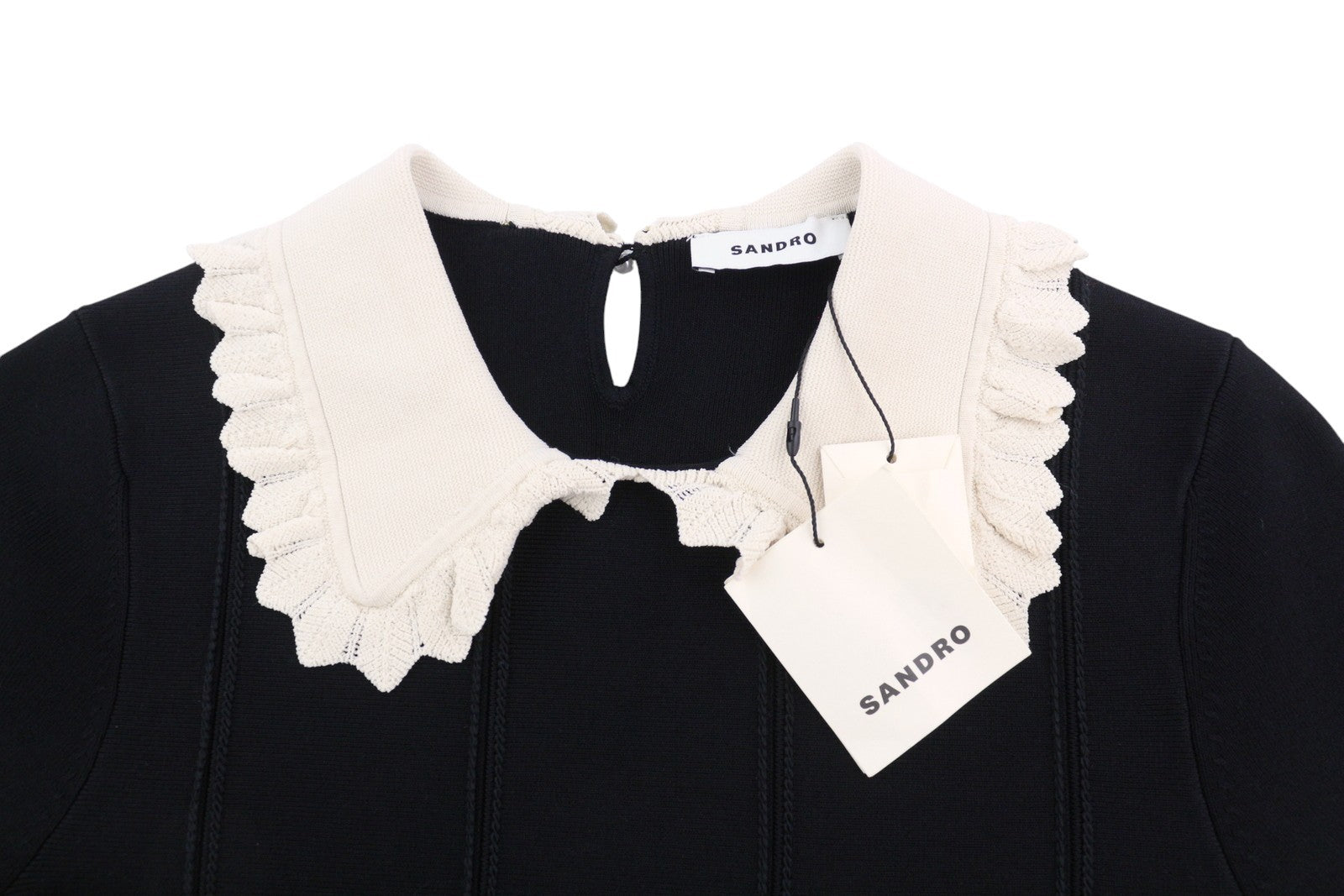 SANDRO Caline Women Dress 40 L Black Contrast Trim Flare Short Sleeve Min RRP690