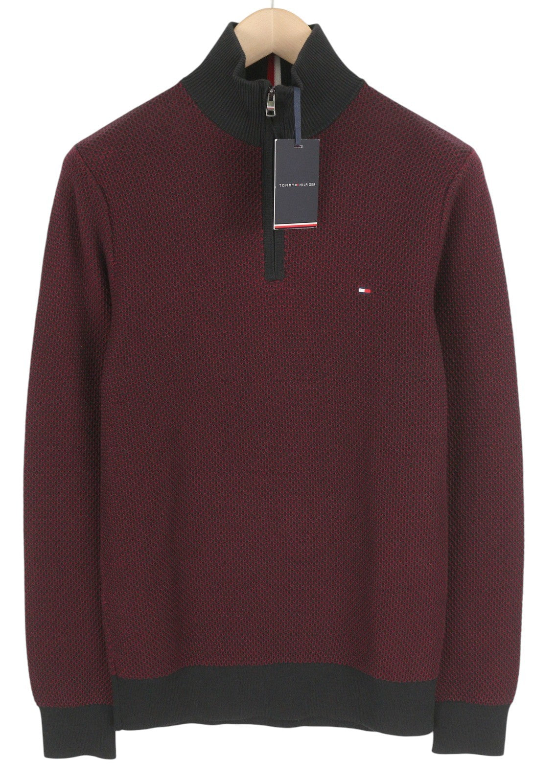 TOMMY HILFIGER 2-Tone Zip Mock Men Jumper S Burgundy Knit RRP169