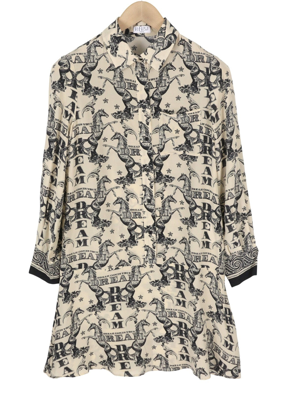 CLAUDIE PIERLOT Rocade Women Dress 36 S Beige Silk Flowing Patterned Long Sleeve