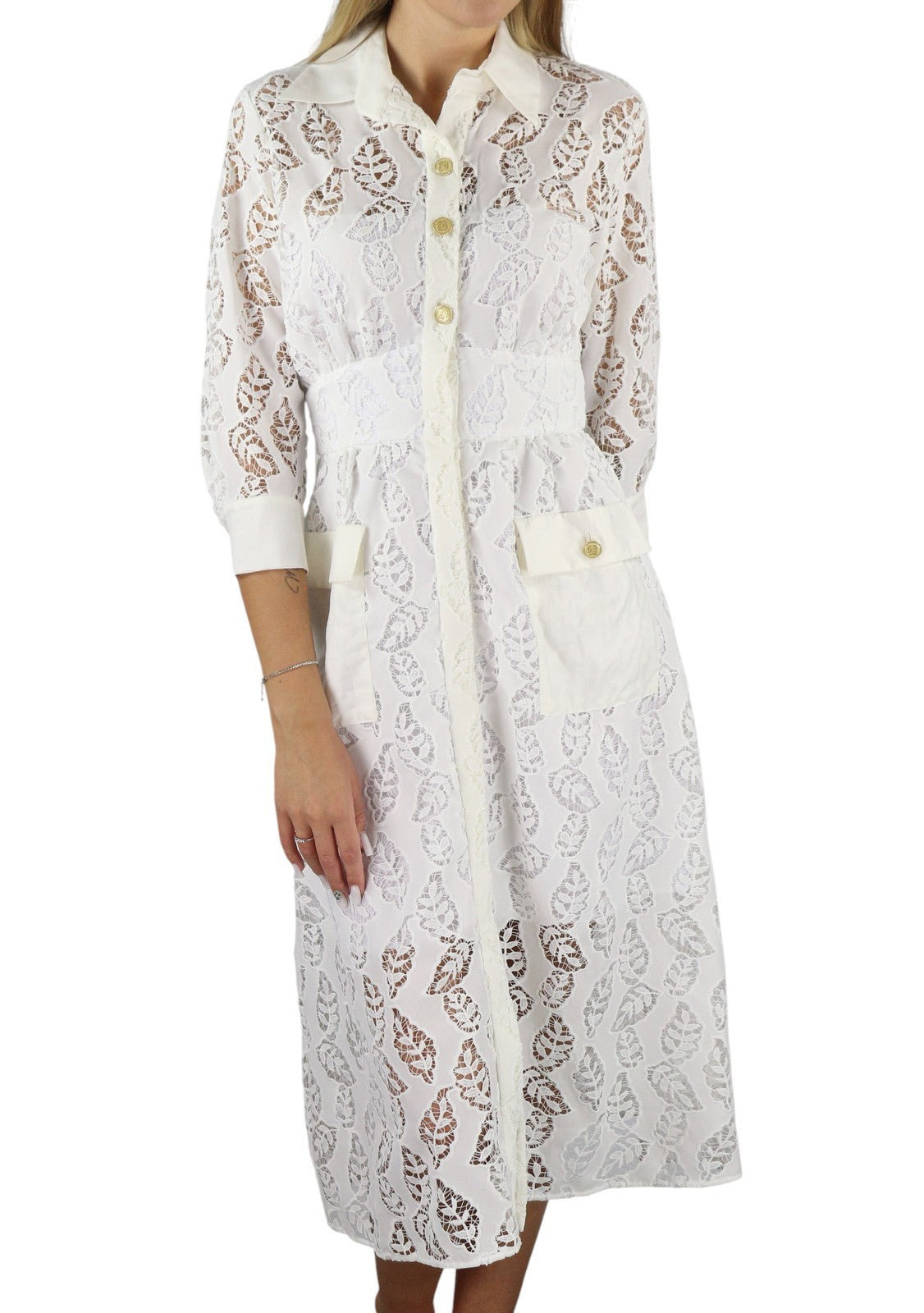 SANDRO Women Dress 36 S White Perforated Lace Snap Buttons 3/4 Sleeves