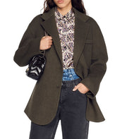 SANDRO Fisher Women Coat 38 M Khaki Wool Blend Tailored Collar Oversized RRP445