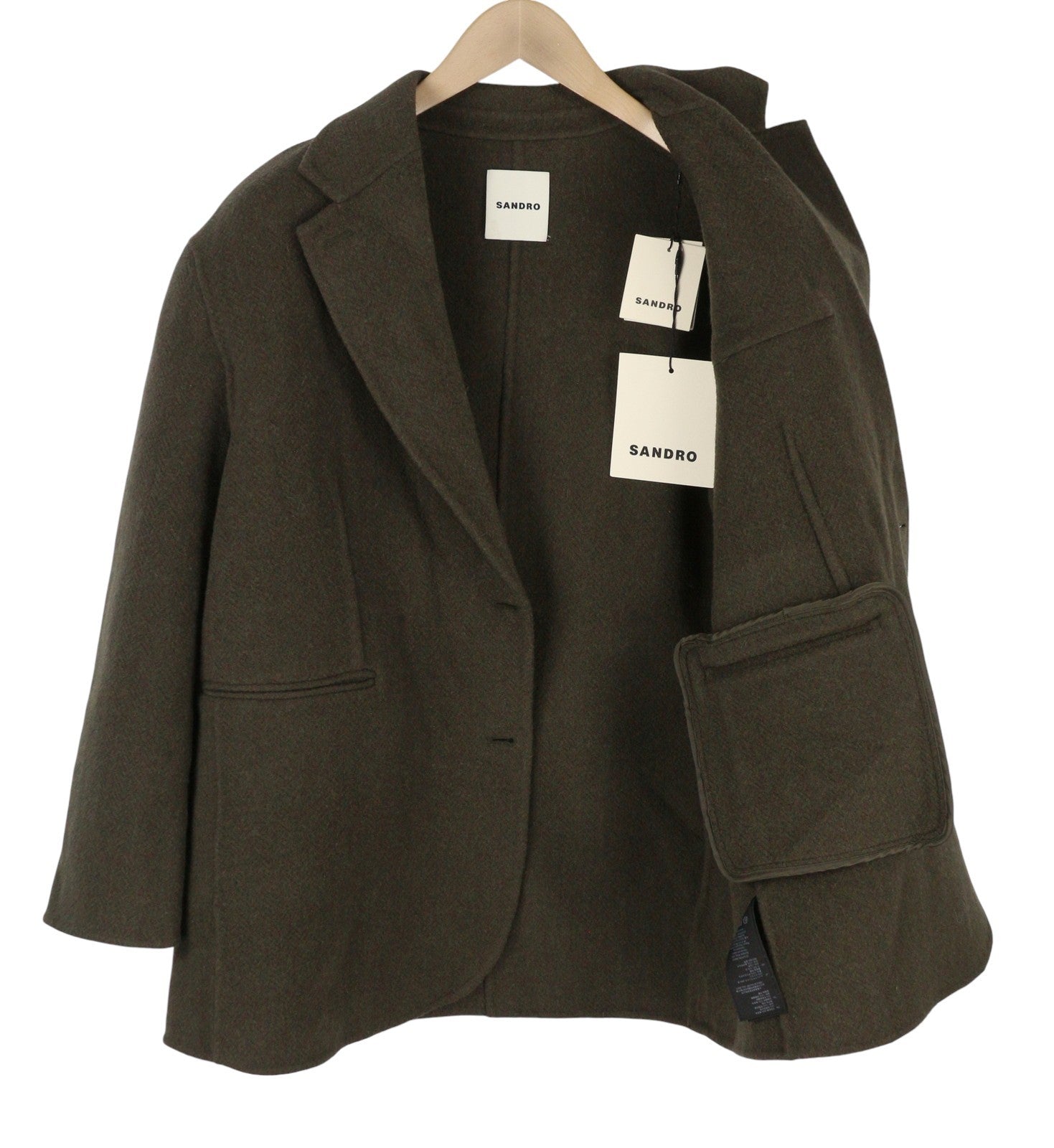 SANDRO Fisher Women Coat 38 M Khaki Wool Blend Tailored Collar Oversized RRP445