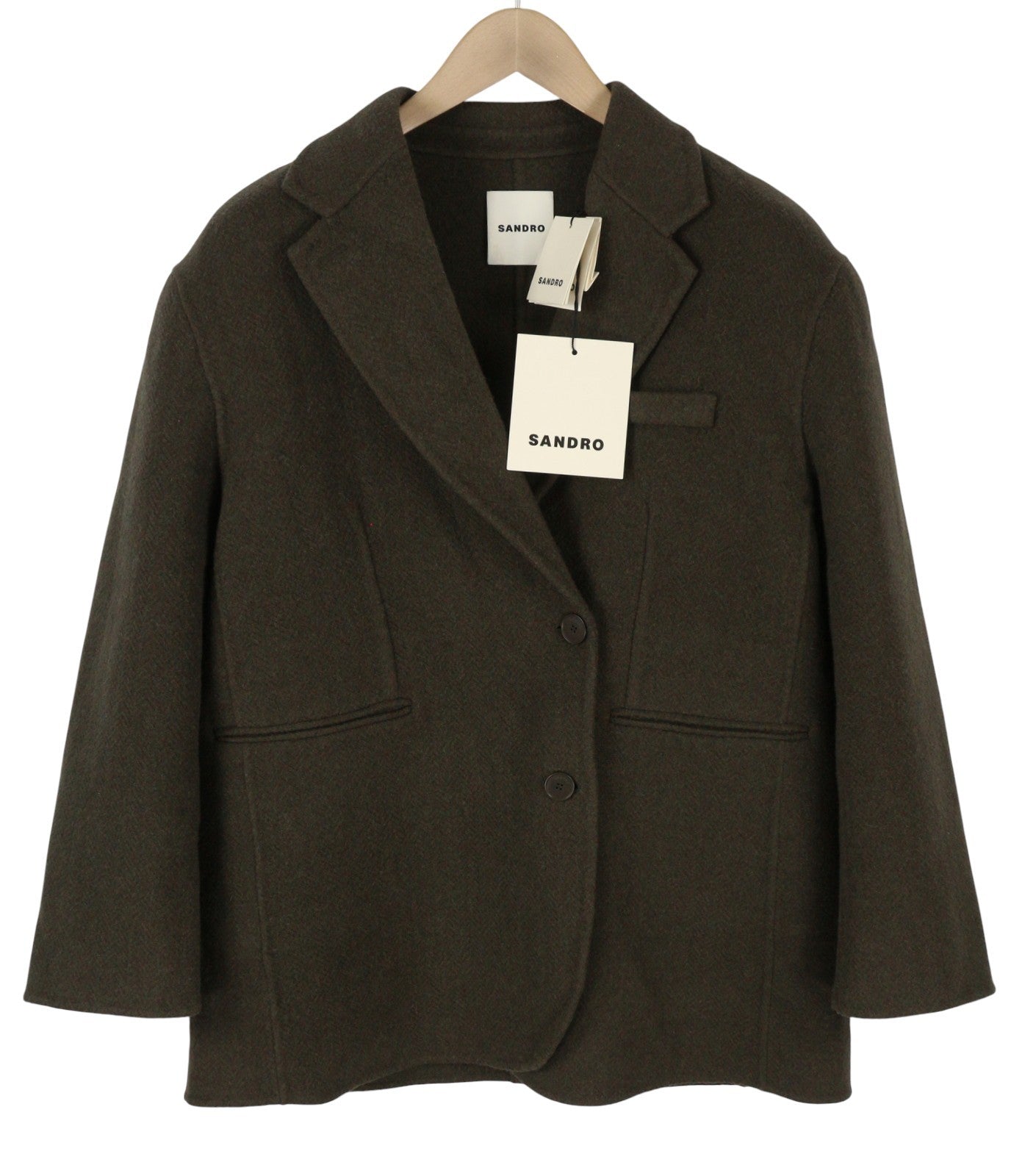SANDRO Fisher Women Coat 38 M Khaki Wool Blend Tailored Collar Oversized RRP445