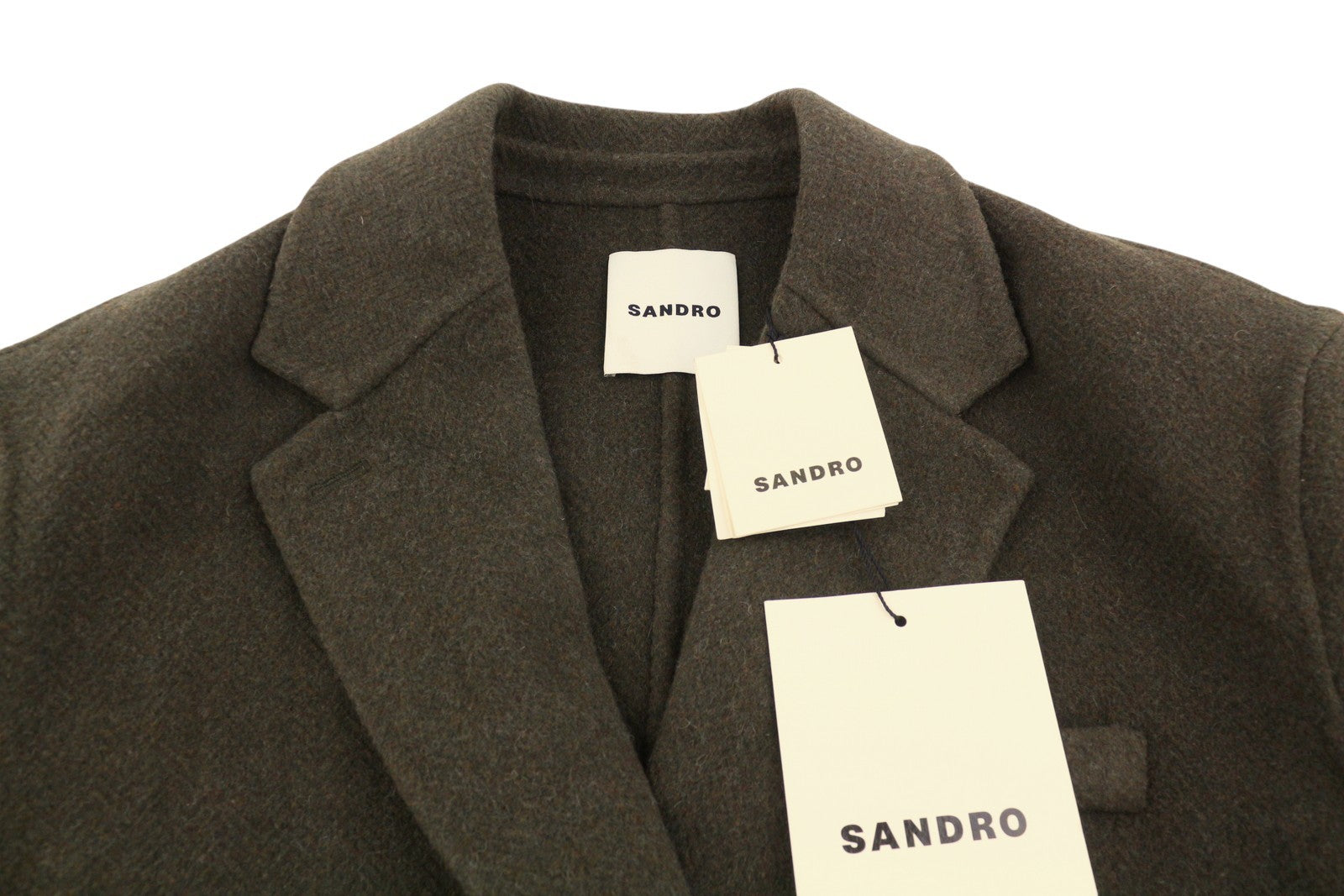 SANDRO Fisher Women Coat 38 M Khaki Wool Blend Tailored Collar Oversized RRP445