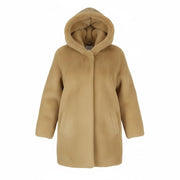 SANDRO Women Jacket 38 M Brown Soft Faux Fur Hooded Snap Buttons Mid-Length