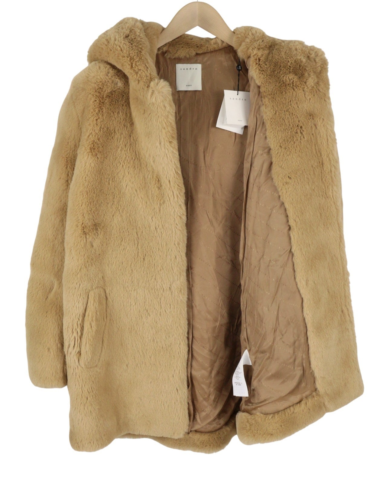 SANDRO Women Jacket 38 M Brown Soft Faux Fur Hooded Snap Buttons Mid-Length