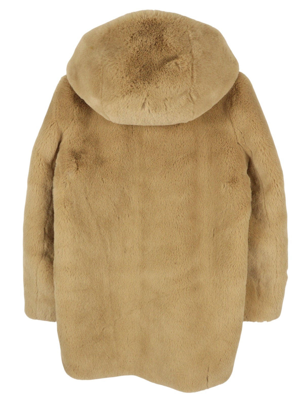 SANDRO Women Jacket 38 M Brown Soft Faux Fur Hooded Snap Buttons Mid-Length