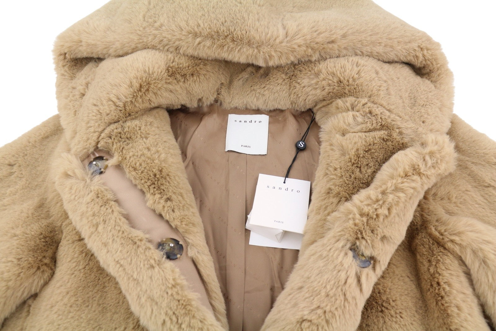 SANDRO Women Jacket 38 M Brown Soft Faux Fur Hooded Snap Buttons Mid-Length