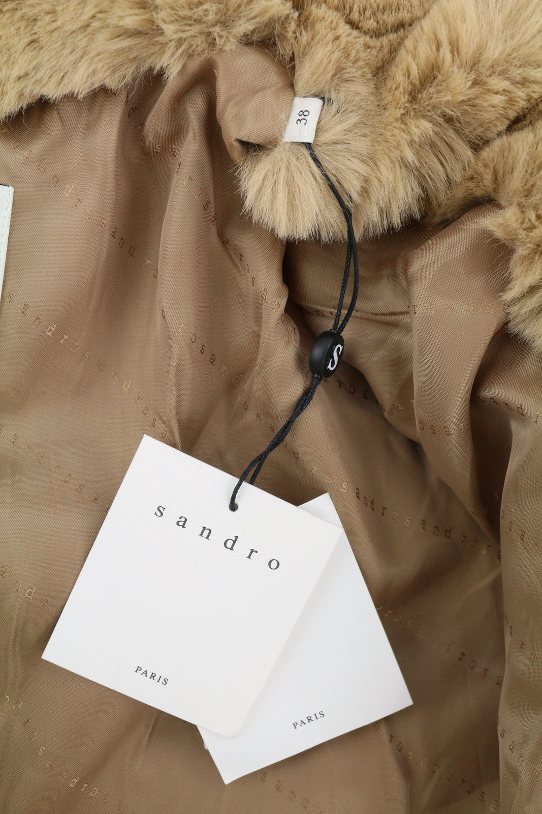 SANDRO Women Jacket 38 M Brown Soft Faux Fur Hooded Snap Buttons Mid-Length