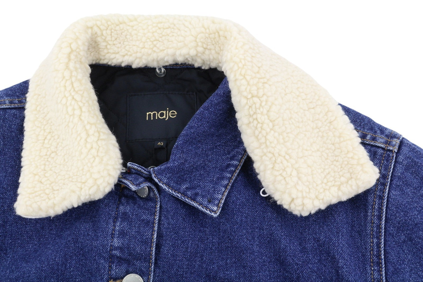 MAJE Bergamo Women Jacket 40 L Blue Button-Up Check Faux Underlay Trucker RRP295