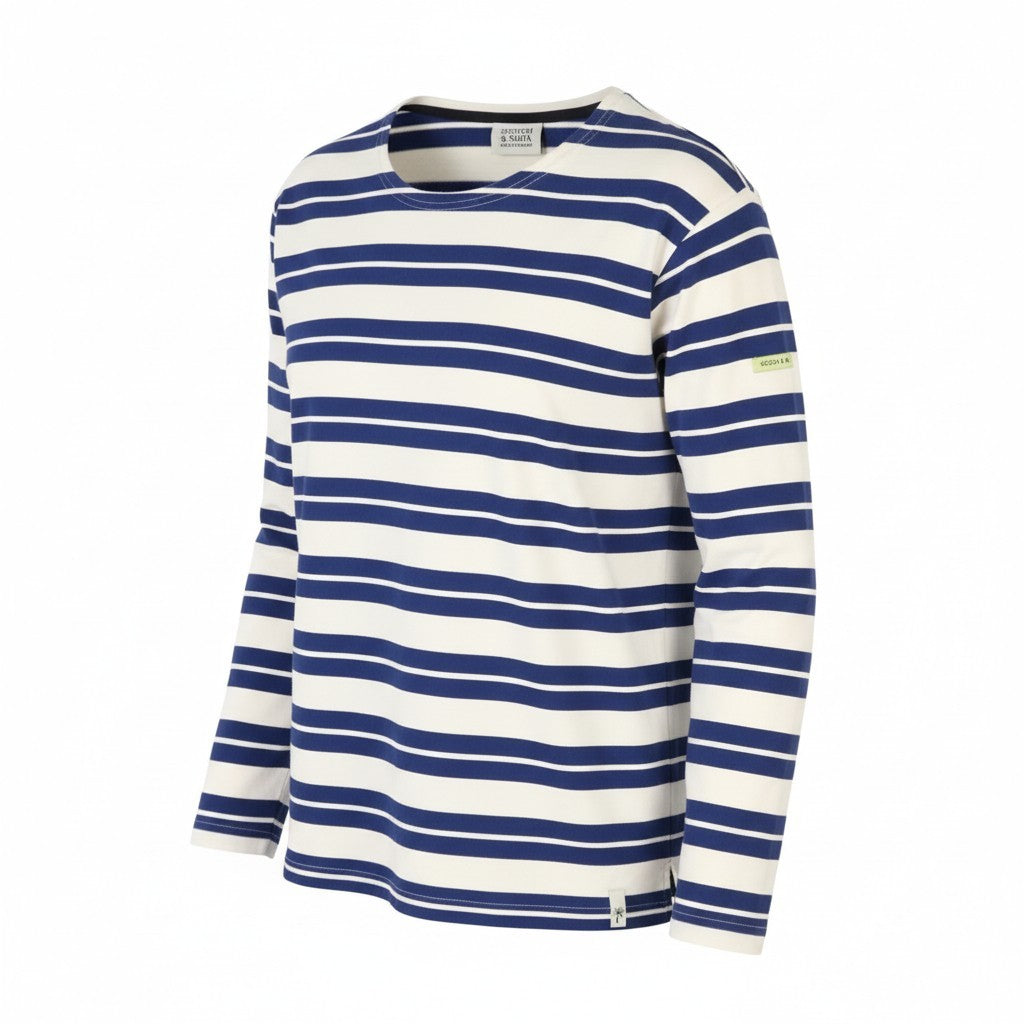 SCOTCH & SODA Men T-Shirt M White Striped Cotton Crew Neck Long Sleeve Pull On