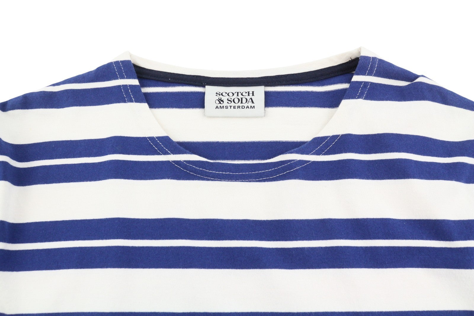 SCOTCH & SODA Men T-Shirt M White Striped Cotton Crew Neck Long Sleeve Pull On