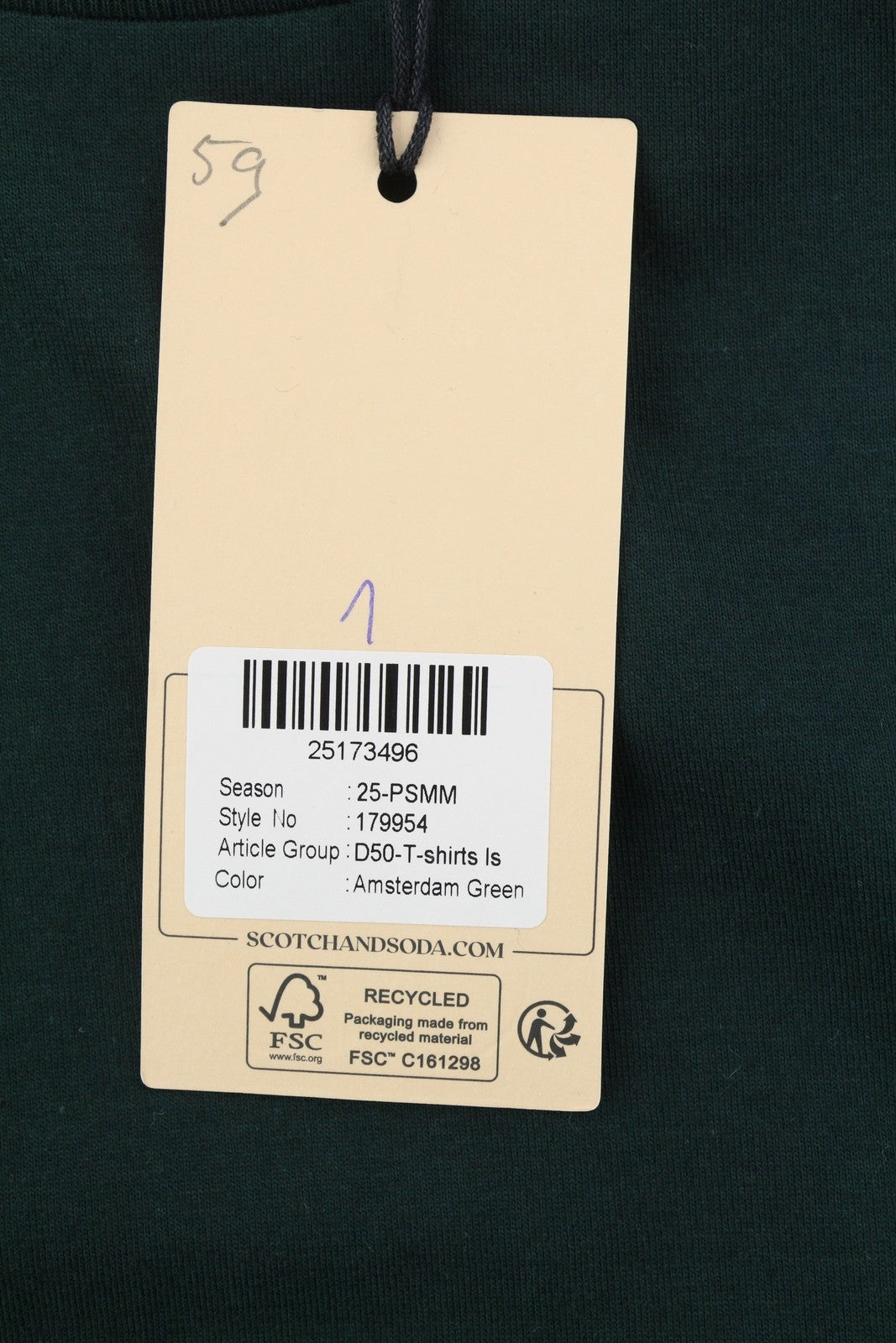 SCOTCH & SODA Men T-Shirt M Dark Green Cotton Crew Neck Long Sleeve Pull On