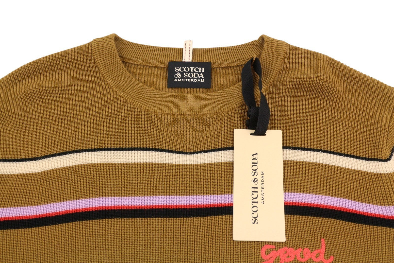 SCOTCH & SODA Men Jumper L Brown Striped Crew Neck Wool Tight-Knit Pull On