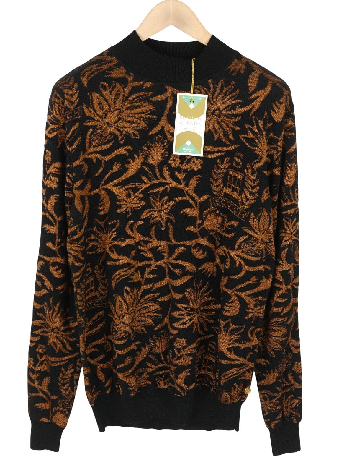 SCOTCH & SODA Men Jumper L Black Floral Pattern Tight-Knit Cotton Blend Pull On