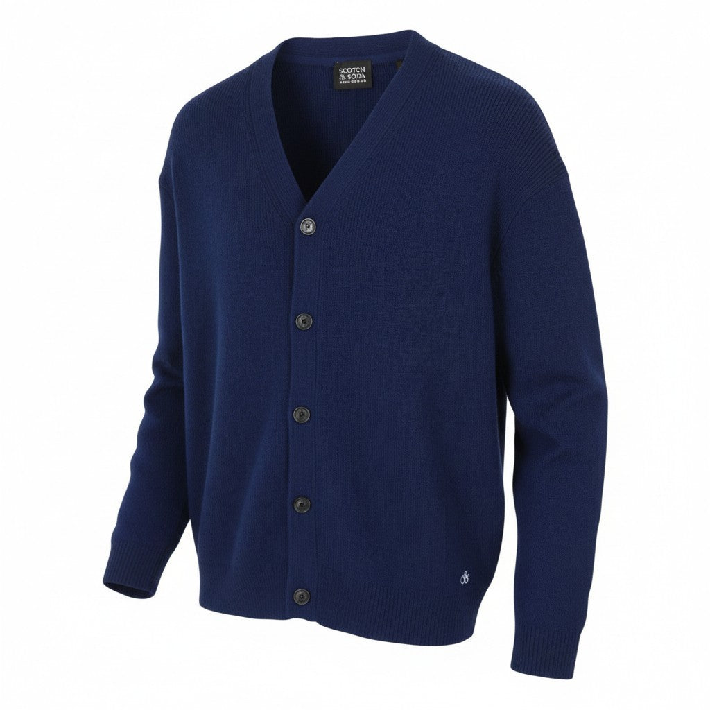 SCOTCH & SODA Men Jumper L Dark Blue Wool Tight-Knit Button-Up Cardigan