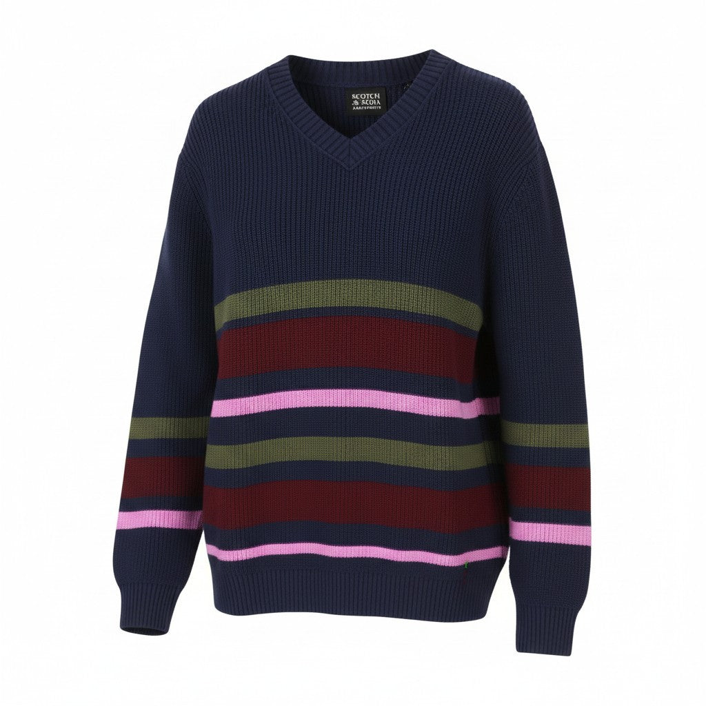 SCOTCH & SODA Men Jumper L Dark Blue Striped Tight-Knit V-Neck Pull On