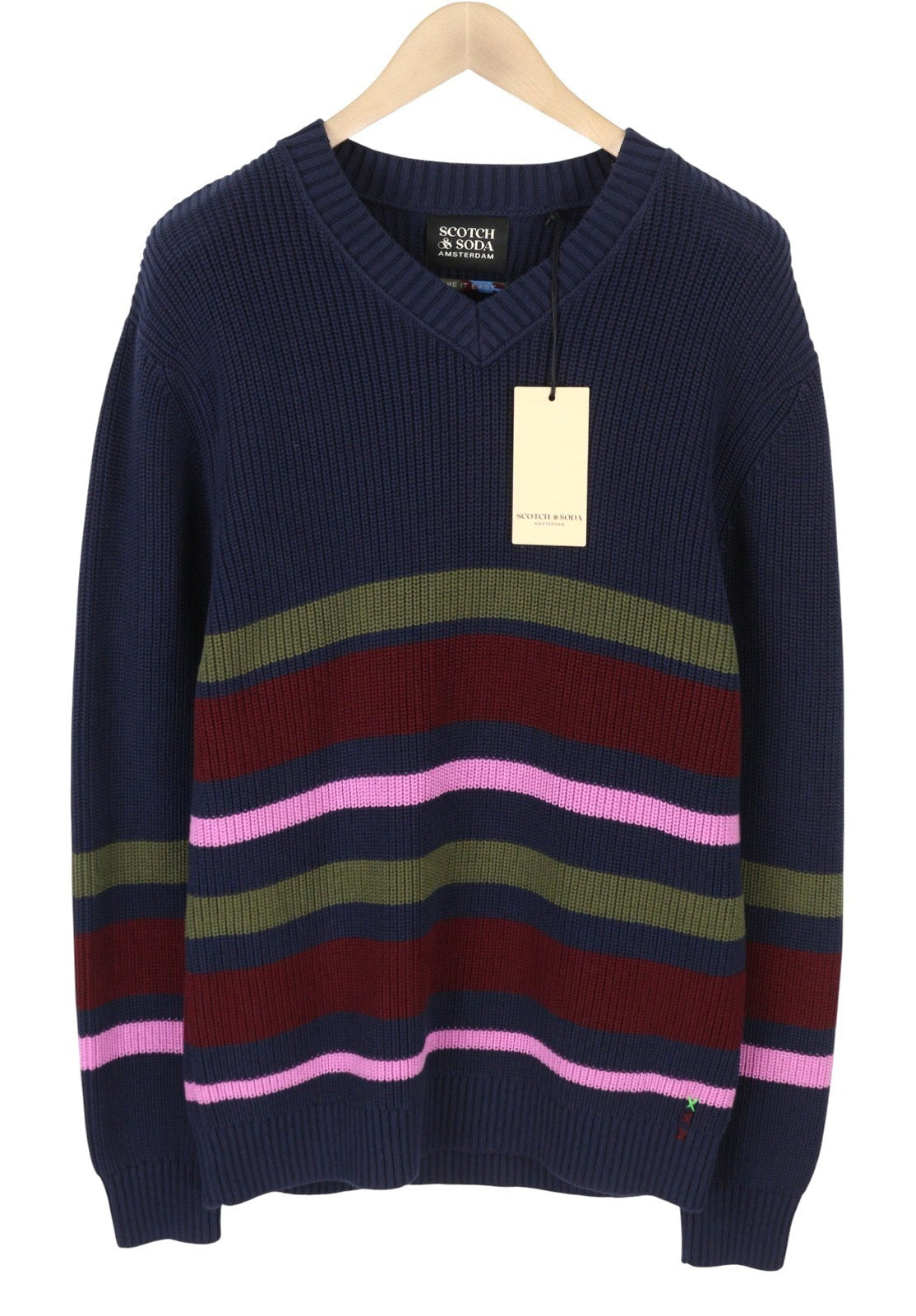SCOTCH & SODA Men Jumper L Dark Blue Striped Tight-Knit V-Neck Pull On