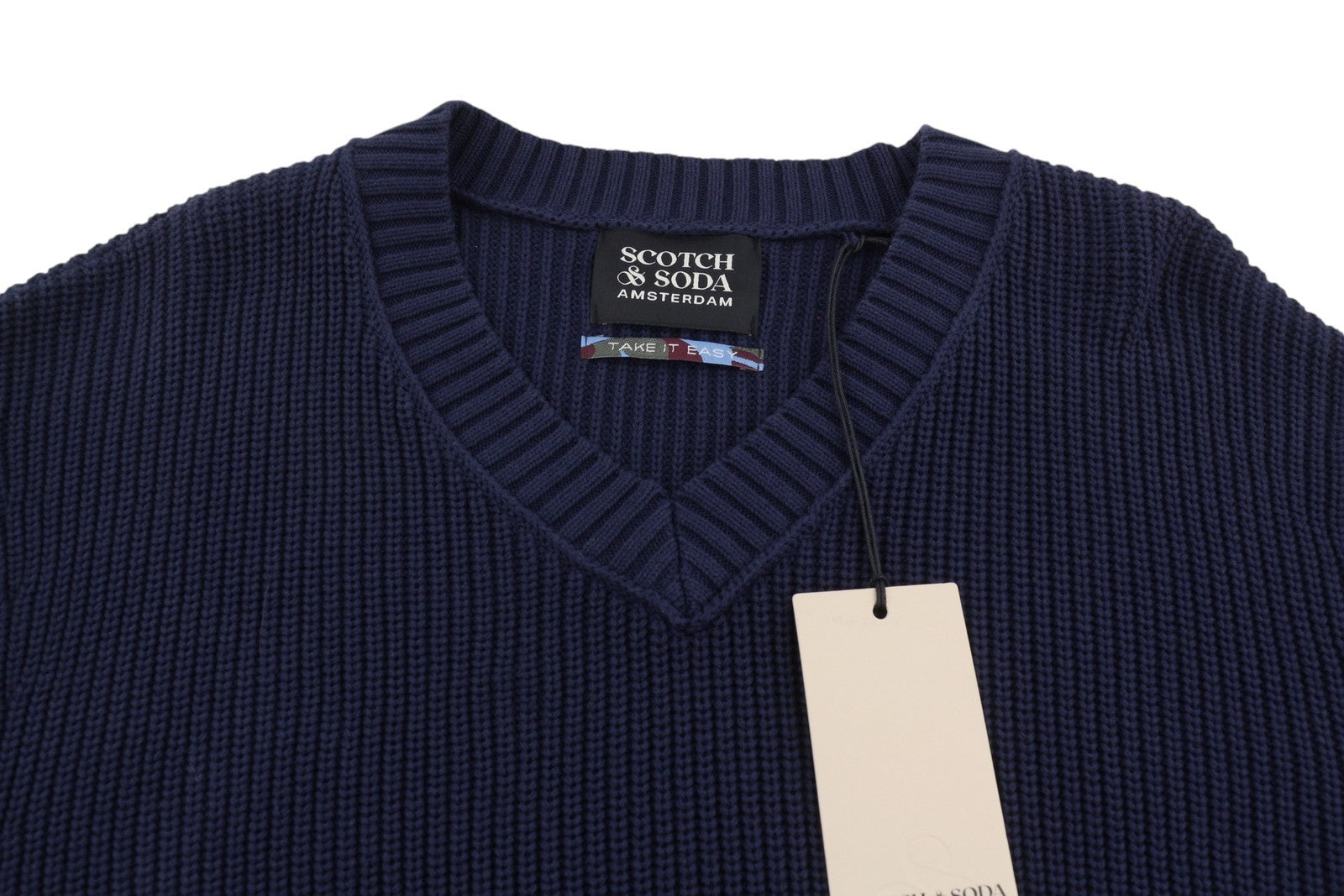 SCOTCH & SODA Men Jumper L Dark Blue Striped Tight-Knit V-Neck Pull On